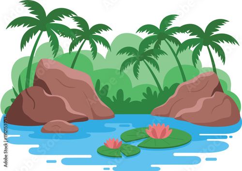 Detailed flat vector illustration of a tropical island oasis featuring rocky outcrops palm trees lush jungle greenery and pink lilies in blue water.
