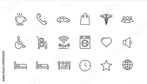 Modern minimalist line art icons: travel, hotel, healthcare, communication, and general services.