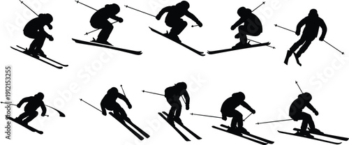 Set of black airplane silhouettes and icons in various angles and types, flight and aviation symbols isolated on white background for graphic design.