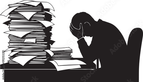 Stressed businessman overwhelmed by paperwork vector silhouette illustration with big pile