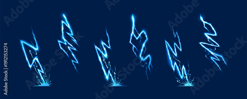 Thunder bolt effect with dynamic blue energy lines and electric sparks on dark background. Cartoon vector thunder strike with glowing neon flash and powerful storm discharge for game design.