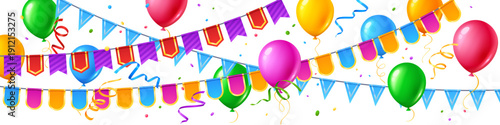 Bunting garland with birthday balloons and colorful confetti for festive party decor. Carnival banner with pennants flags and streamers on white background. Joyful celebration bunting design.