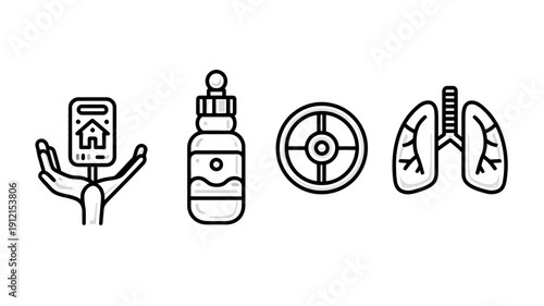 Minimalist black outline icons set: smart home app, medical dropper bottle, car steering wheel, and human lungs symbols.