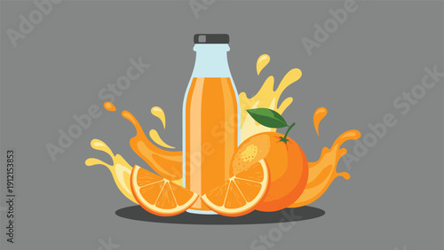 Fresh orange juice bottle surrounded by citrus fruit slices and vibrant liquid splashes on a neutral grey background for beverage advertising.