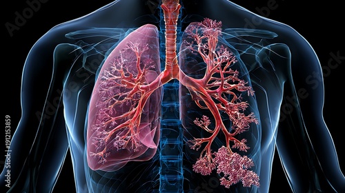 Anatomical render depicts a person's transparent torso, showing lungs, trachea, and bronchioles