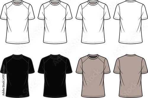 Technical vector sketch of raglan sleeve t-shirts featuring front and back views in white black and charcoal grey for athletic apparel design.