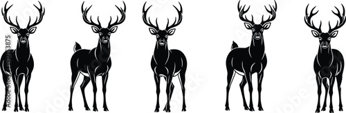 Black deer silhouettes with antlers standing upright, symmetrical wildlife vector illustration for forest nature, hunting, emblem, decorative and design projects