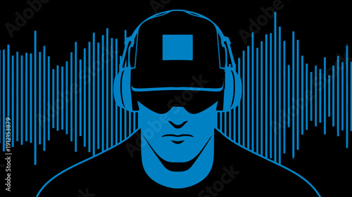 Futuristic person in VR headset and headphones, surrounded by digital sound waves, representing an immersive audio experience.