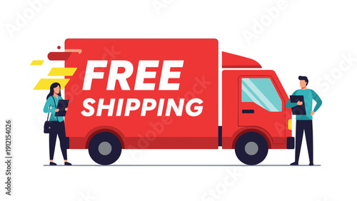 Large red delivery truck displaying free shipping text with logistics workers standing nearby on a clean white background for ecommerce.