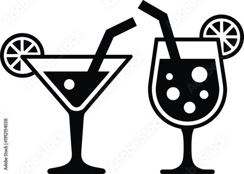 Minimalist black and white vector silhouette of refreshing summer cocktails in martini and hurricane glasses with bent straws and citrus for menus.
