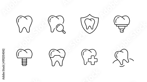 Dental health icons: tooth, magnifying glass, shield, implant, dental care line art set
