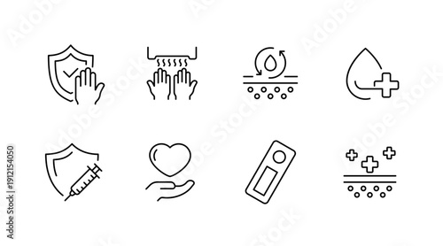 Handwashing hygiene and skincare icons: protection, cleaning, moisturizing, healthcare
