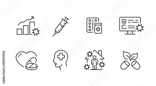 Health icons representing vaccination, medication, and virus protection concepts