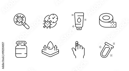 Simple line icons of virus, sanitizer, tape, medicine, moisturizer, finger, test tube