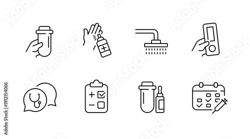Medical and hygiene icons: medicine, shower, remote, doctor, checklist, calendar