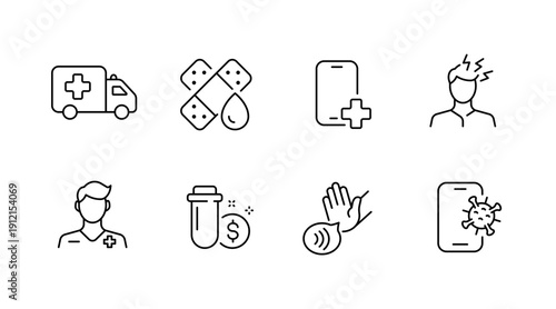 Medical icons featuring ambulance, healthcare apps, telemedicine, nfc payment, and pain management