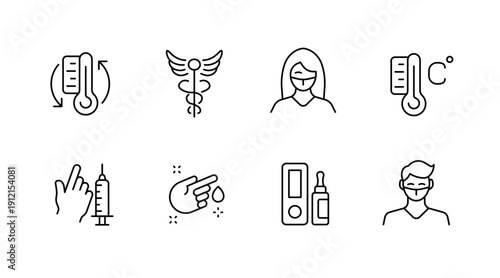 Medical health icons set featuring syringe, temperature, caduceus, masks, and finger prick tools