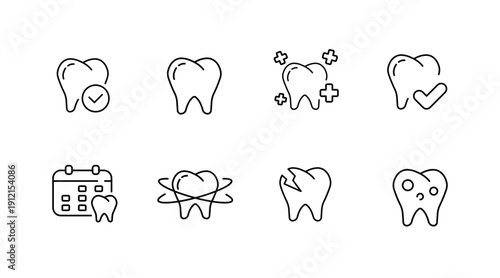 Dental care icon set featuring teeth with checkmarks, cracks, and calendars