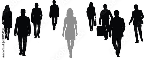 Vector silhouette of business people walking forward with one unique woman in gray standing out from the black crowd.