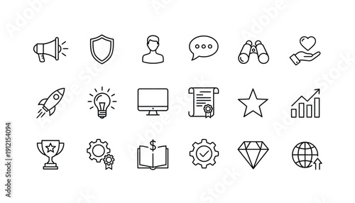 Business, Marketing, and Success Line Icons Set: Communication, Technology, Finance, and Growth