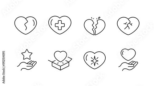 Minimalist heart icons including broken, healing, and gift hearts in simple line art style