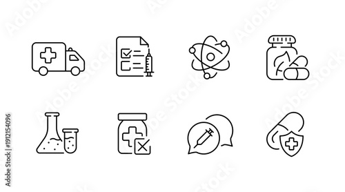 Medical icons set: ambulance, prescription, atom, medications, lab equipment, pharmacy, vaccination, healthcare