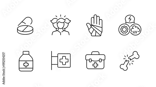 Medical icons set: pills, patients, bandages, capsules, medicine bottle, hospital, first aid, fracture