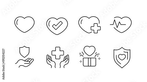 Set of heart and safety icons featuring health and protection symbols