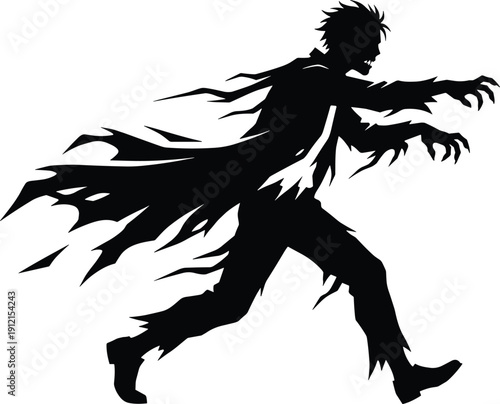 Zombie silhouette in dynamic horror pose with tattered clothing—ideal for Halloween, spooky designs, undead themes, and dark visual storytelling illustrations.