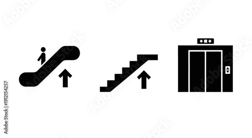 Simple black icons representing escalator, staircase, and elevator.