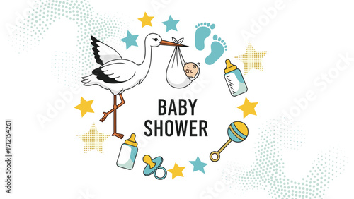 Charming baby shower illustration with a white stork carrying a newborn infant surrounded by baby toys stars and footprints in a circle.