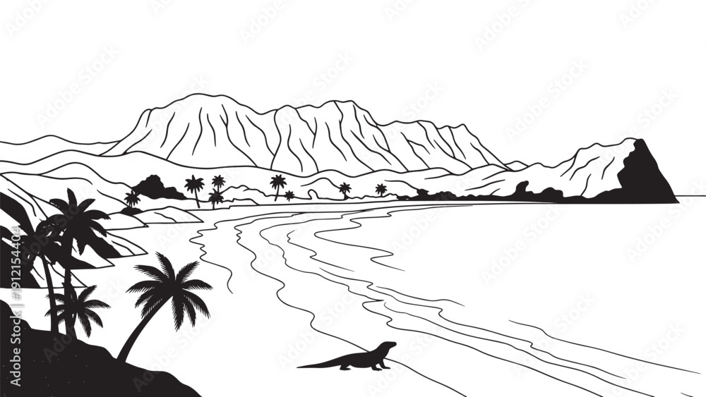 Fototapeta premium Monochrome coastal landscape featuring palm trees, mountains, and a sandy shoreline.