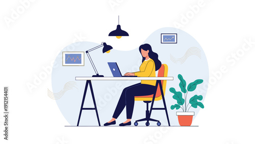 Focused young woman working on her laptop at a clean office desk equipped with a lamp and indoor plant for a career productivity concept.