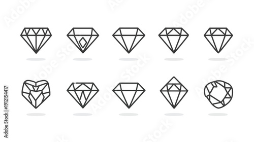 Set of ten minimalist outline diamond icons, various gemstone cuts and shapes. Elegant vector illustration for jewelry concepts.
