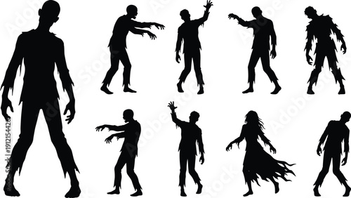 Zombie silhouette vector set, black horror icons of undead characters in creepy poses for Halloween and thriller design
