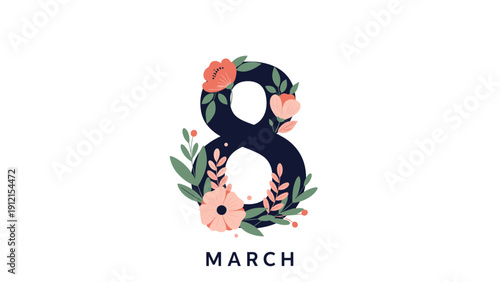 Elegant floral decoration around the number eight with the word March below it to celebrate International Women Day with pink blossoms.