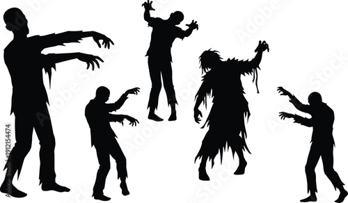 Zombie silhouette vector set, black horror icons of undead figures with ragged clothing and expressive poses for Halloween design