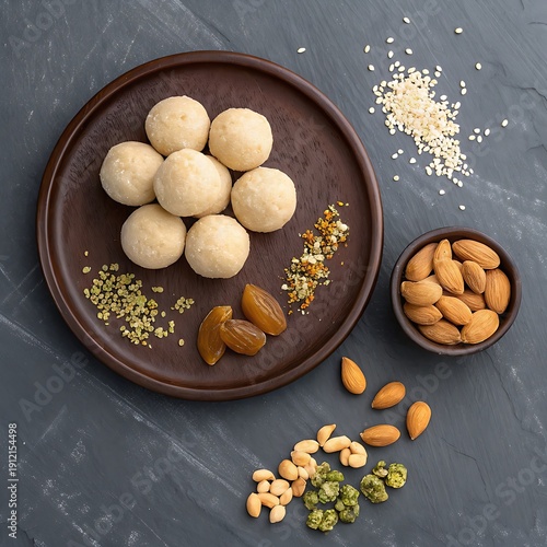 Isolated plate with different dry fruits and Nuts on black background 