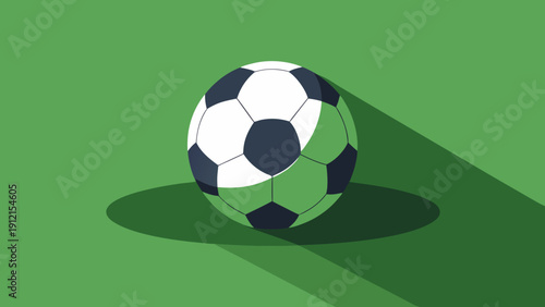 A black and white soccer ball with green accents casts a shadow on a green background in a minimalist vector illustration