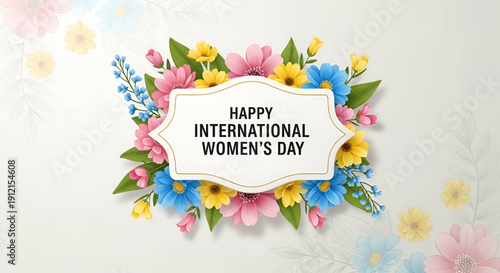 Elegant international womens day floral greeting card design with decorative flowers frame soft pastel background for celebration branding marketing vector illustration