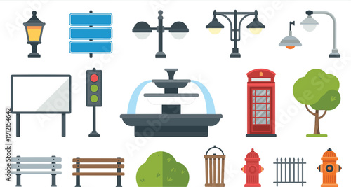 Comprehensive flat vector set of urban city elements featuring a park fountain red telephone booth street lamps benches signage and foliage.