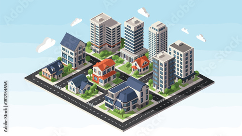 Isometric view of a modern urban neighborhood featuring various residential houses apartment buildings trees and clean asphalt roads.