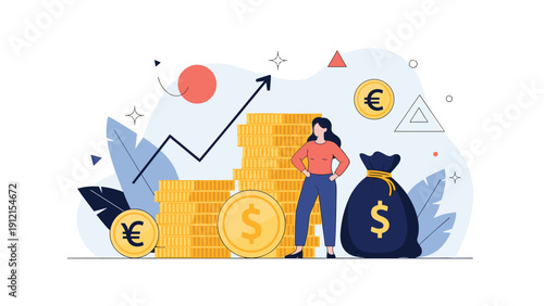 Successful woman standing confidently beside growing stacks of gold coins and a large money bag representing financial growth and investment.