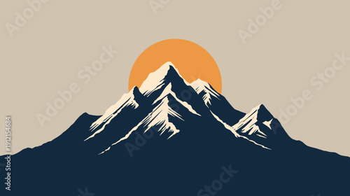 Minimalist mountain range illustration with a warm orange sun rising or setting, retro flat design for nature and adventure.