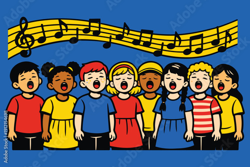 children singing chorus with music notes