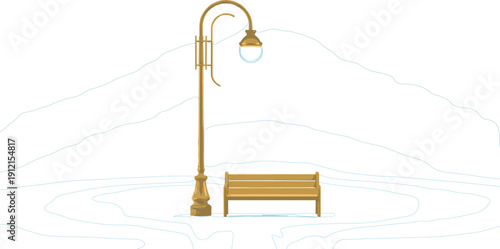 Minimalist vector illustration of a classic park bench next to a vintage street lamp in a quiet public space for urban design.