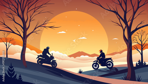 A vibrant flat design illustration of two motorcyclists riding through a scenic route with a large orange sunset and silhouetted trees