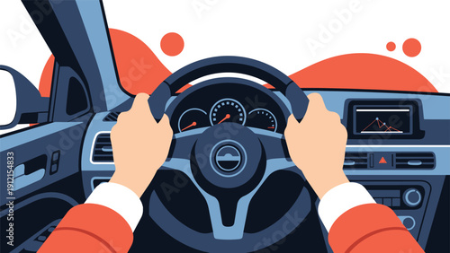 First person perspective of hands gripping a steering wheel while driving a car with a view of the dashboard and various red shapes outside.