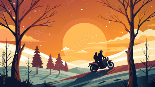 A flat vector illustration of two people riding a motorcycle through a serene forest during a vibrant sunset with a gradient sky