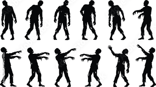 Zombie silhouette vector set, black horror icons of undead figures in classic staggering poses for Halloween and thriller design